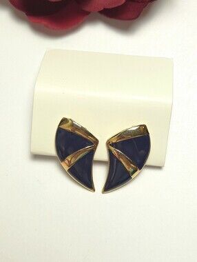 Vintage Monet Gold & Navy Blue Enamel Geometric Earrings Clip on Earrings Signed